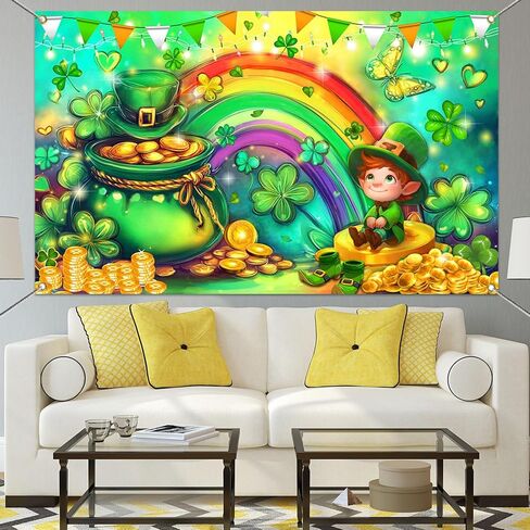 Mocsicka Happy St Patricks Day Banner Lucky Clover Rainbow Gold Coins Green Shamrock صورة خلفية لافتة عيد القديس باتريك ديكورات حفلات خلفية صورة للمنزل (أخضر، 70.8 × 43.3 بوصة) in Kuwait