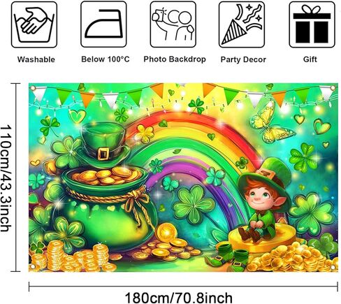 Mocsicka Happy St Patricks Day Banner Lucky Clover Rainbow Gold Coins Green Shamrock صورة خلفية لافتة عيد القديس باتريك ديكورات حفلات خلفية صورة للمنزل (أخضر، 70.8 × 43.3 بوصة) in Kuwait