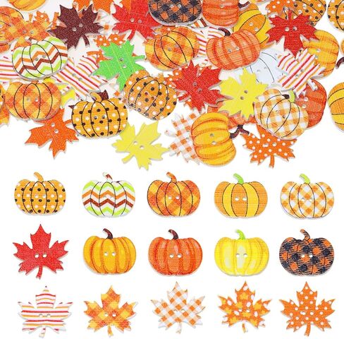 Penta Angel Fall Thanksgiving Wooden Buttons 50Pcs Autumn Leaf Pumpkin Shape Flat Back 2 Holes Buttons Embellishments for Sewing Clothes Scrapbooking Crafts DIY Party Decoration (50) in Saudi Arabia