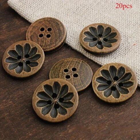 20pcs 18mm Vintage-Inspired Dark Brown Wooden Buttons with Intricate Carvings - Ideal for DIY Shirt Cardigan Sweater and Blazer in Saudi Arabia
