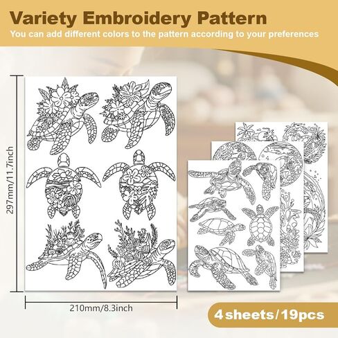 19Pcs Sea Turtle Water Soluble Hand Sewing Stabilizers, 8.3"x11.7" Marine Creature Embroidery Pattern Stabilizer, 4 Sheets Sea Coral Stick and Stitch Embroidery Paper Sticker in Saudi Arabia