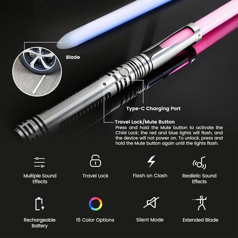 Dueling Lightsaber, Long LED Light Saber Sword with RGB 15 Color FX Sound & Motion Sensor Type-c Rechargeable Lightsabers Toy for Adults Kids Cosplay (43.8inch) in Kuwait