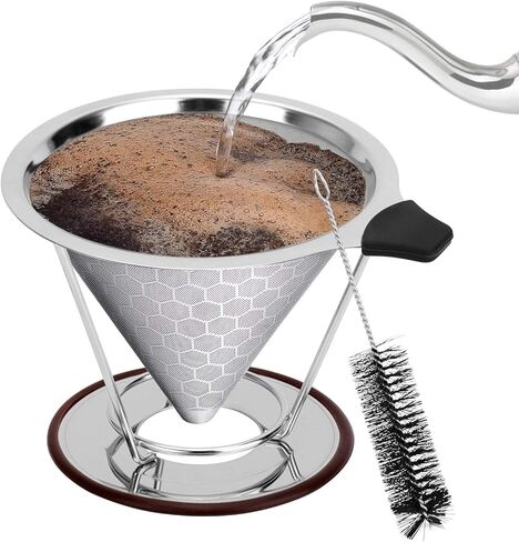 صب فوق منقط القهوة، ماكينة صنع القهوة من الفولاذ المقاوم للصدأ قابلة لإعادة الاستخدام لـ (1-4 أكواب)، سهلة التنظيف بدون ورق، مصفاة قهوة شبكية دقيقة مع حامل وفرشاة إضافية in Kuwait