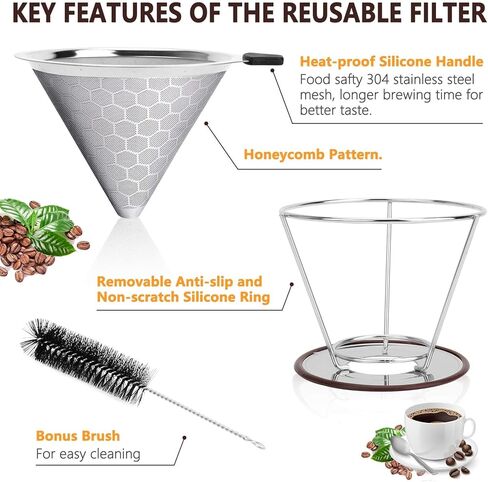 صب فوق منقط القهوة، ماكينة صنع القهوة من الفولاذ المقاوم للصدأ قابلة لإعادة الاستخدام لـ (1-4 أكواب)، سهلة التنظيف بدون ورق، مصفاة قهوة شبكية دقيقة مع حامل وفرشاة إضافية in Kuwait