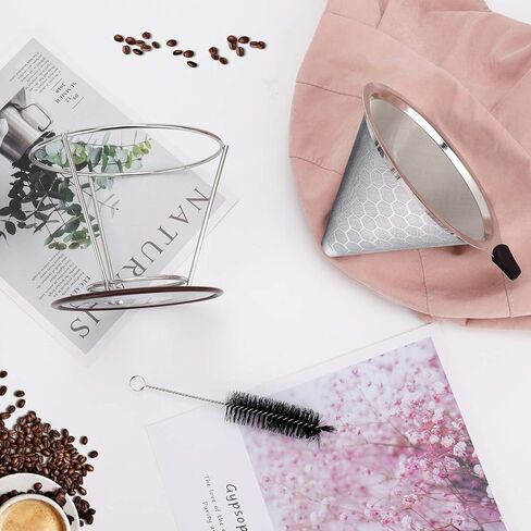 صب فوق منقط القهوة، ماكينة صنع القهوة من الفولاذ المقاوم للصدأ قابلة لإعادة الاستخدام لـ (1-4 أكواب)، سهلة التنظيف بدون ورق، مصفاة قهوة شبكية دقيقة مع حامل وفرشاة إضافية in Kuwait