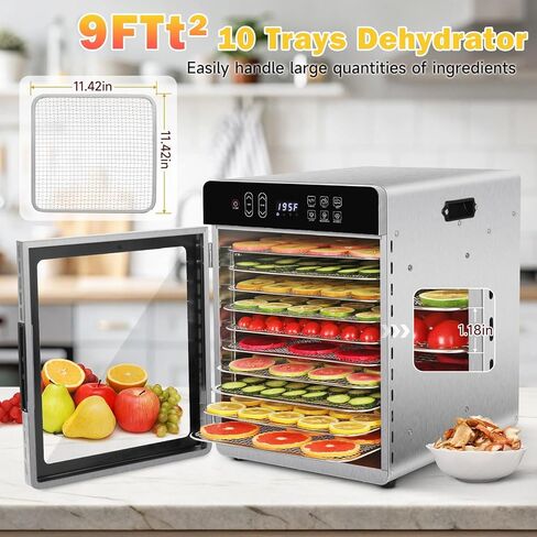 مجفف طعام SUCICENI لآلة تجفيف Jerky 9ft² 10 صواني من الفولاذ المقاوم للصدأ، مجفف 1000 واط مع مؤقت 24 ساعة وتحكم في درجة الحرارة 195 درجة فهرنهايت للحوم والفواكه والخضروات ومكافآت الكلاب in Kuwait