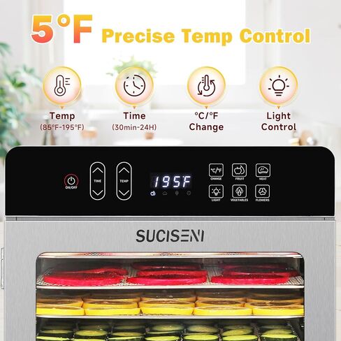 مجفف طعام SUCICENI لآلة تجفيف Jerky 9ft² 10 صواني من الفولاذ المقاوم للصدأ، مجفف 1000 واط مع مؤقت 24 ساعة وتحكم في درجة الحرارة 195 درجة فهرنهايت للحوم والفواكه والخضروات ومكافآت الكلاب in Kuwait
