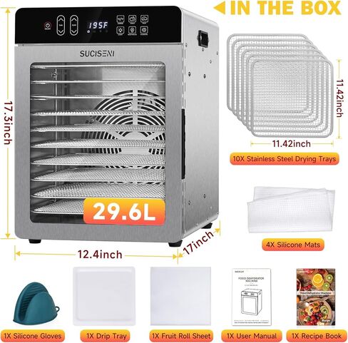 مجفف طعام SUCICENI لآلة تجفيف Jerky 9ft² 10 صواني من الفولاذ المقاوم للصدأ، مجفف 1000 واط مع مؤقت 24 ساعة وتحكم في درجة الحرارة 195 درجة فهرنهايت للحوم والفواكه والخضروات ومكافآت الكلاب in Kuwait
