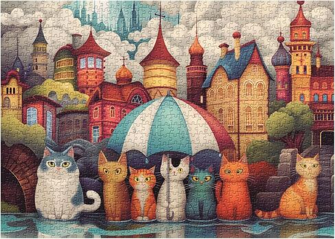 Cat Puzzles for Adults 1000 Pieces, Colorful House Rainny Kitten Jigsaw Puzzles, Challenging Cute Animal Puzzle as Home Wall Art in Saudi Arabia
