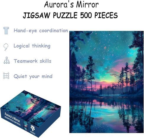 ألغاز للبالغين 500 قطعة، ألغاز الصور المقطوعة للأضواء الشمالية - مرآة الشفق القطبي، لغز المناظر الطبيعية المستحيلة لعائلات كبار السن، 20.47 × 14.96 بوصة، ملصق 1:1، رسالة على الظهر in Kuwait