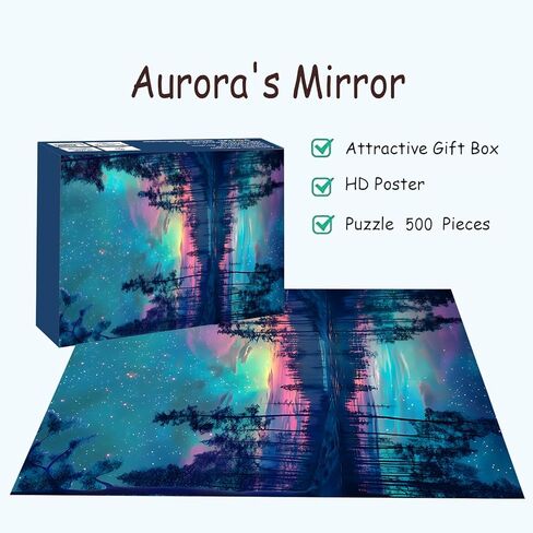 ألغاز للبالغين 500 قطعة، ألغاز الصور المقطوعة للأضواء الشمالية - مرآة الشفق القطبي، لغز المناظر الطبيعية المستحيلة لعائلات كبار السن، 20.47 × 14.96 بوصة، ملصق 1:1، رسالة على الظهر in Kuwait
