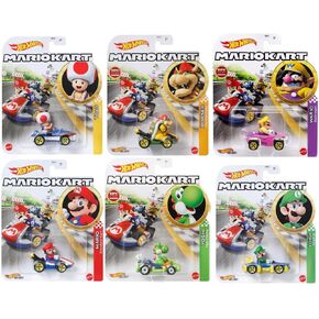 حزمة سيارة Hot Wheels Mario Kart Die-Cast - عبوة من 6 قطع مع ماريو ولويجي ويوشي وتود وباوزر وواريو | مقياس 1:64، GBG25-957G جاهز للعرض in Saudi Arabia