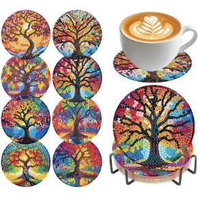 Diamond Art Coasters Kits, 8 Pieces Diamond Painting Coasters with Holder, Tree of Life Diamonds Art Painting Coaster Kits for Adults, 5D DIY Wooden Coaster for Gift in Kuwait