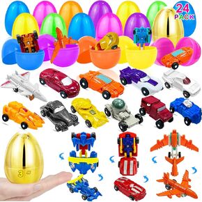 [1 Gold Egg] 24 Pack Prefilled Easter Egg Filled with Transform Car Robot Toys, 24 Eggs + 24 Car Robot Toys for Kids, Easter Basket Stuffers Classroom Exchange for Boys 24 Vehicle Party Favor Egg Hunt in Saudi Arabia