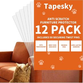 12 Pack Cat Scratch Furniture Protector, Clear Cat Scratch Tape Sheet with No Odor, Child & Pet Friendly, Single-Sided Couch Protector with No-Residue for Sofa, Door & Bed, Includes 50 Twist Pins in Saudi Arabia