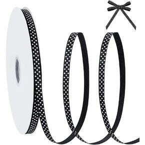 PH PandaHall 100 ياردة شريط منقطة 3/8 بوصة أشرطة بوليستر Grosgrain أبيض وأسود شريط منقط للحرف اليدوية لتغليف هدايا شجرة عيد الميلاد وصياغة الخياطة وديكورات حفلات الزفاف في الهالوين in Kuwait