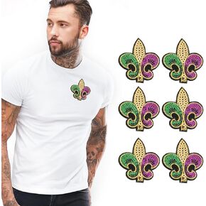 6 Pcs Mardi gras Iron On Patches Set, Purple Gold Green Sequin, Mardi gras Patches Iron On Fleur De Lis Applique Transfers Fit for Clothing Hats DIY Craft, Carnival Party Accessories in Kuwait