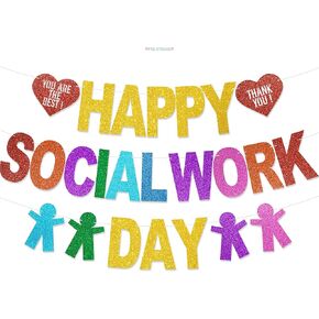 Happy Social Work Day Banner - NO DIY Social Work Day Decorations For Party Supplies Glitter Social Worker Appreciation Gifts in Kuwait