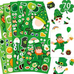 70Sheets St Patricks Day Stickers Crafts for Kids - Saint Patric Make - A - Leprechaun/Gnome Face Sticker Shamrock Gifts Goodie Bag Stuffer Classroom Activity Games Irish Party Favors (Small Size) in Kuwait