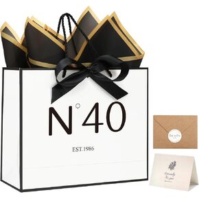 KeerxunBag 40th Birthday Gift Bag Set for Men and Women, including a white bag, handle, card, envelope, sticker, bow ribbon and thin jelly paper (EST. 1986 Theme) in Saudi Arabia