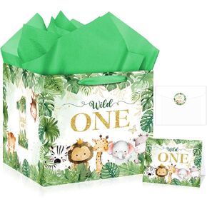 Extra Large Wild One Gift Bag Square Jumbo Wild Animal 1st Birthday Bag for Baby Boys with Wrapping Paper Card Sticker Envelope Jungle First Birthday Safari One Year Old Party Favors Decorations in Saudi Arabia