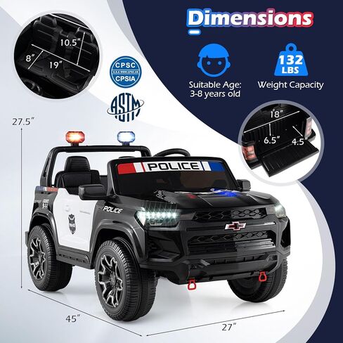 Costzon 2-Seater Ride on Police Car, 24V 4WD Licensed Chevrolet Kids Electric Vehicle with Megaphone, Siren, LED Flashing Lights, Storage Trunk, Toddler Remote Control Toy Car, Gift for Boys Girls in Saudi Arabia