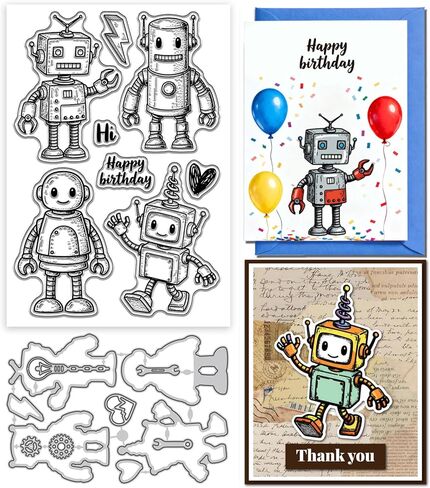 GLOBLELAND Cute Robot Clear Stamps and Metal Die Cuts Funny Robot Transparent Stamp Gear Heart Cutting Dies for Card Making Embossing Scrapbooking in Saudi Arabia