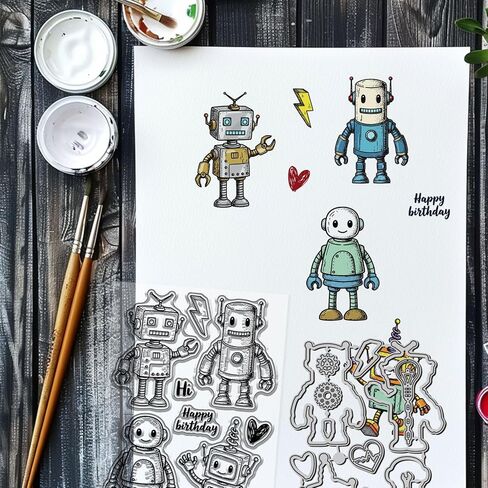 GLOBLELAND Cute Robot Clear Stamps and Metal Die Cuts Funny Robot Transparent Stamp Gear Heart Cutting Dies for Card Making Embossing Scrapbooking in Saudi Arabia