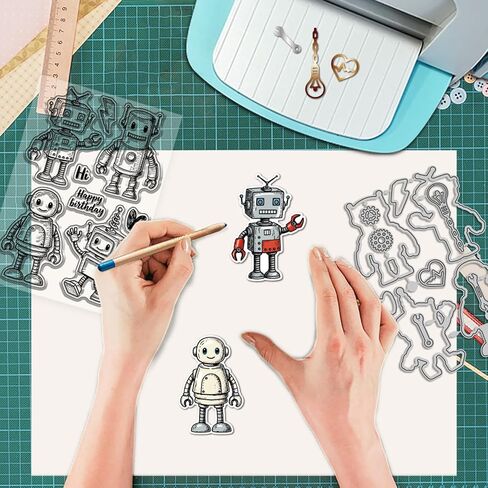 GLOBLELAND Cute Robot Clear Stamps and Metal Die Cuts Funny Robot Transparent Stamp Gear Heart Cutting Dies for Card Making Embossing Scrapbooking in Saudi Arabia