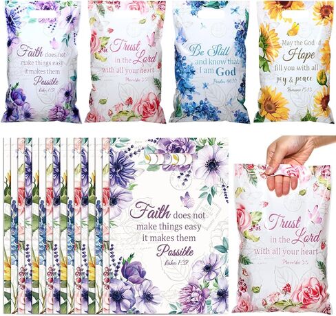 Pasimy 100 Pieces Christian Gift Bags Bulk 11.8 x 7.9 Inch Plastic Religious Flower Treat Bags with Handles for Bible Verse Scripture Floral Tea Party Favors Candy Goodie Packing Supplies, 4 Styles in Saudi Arabia