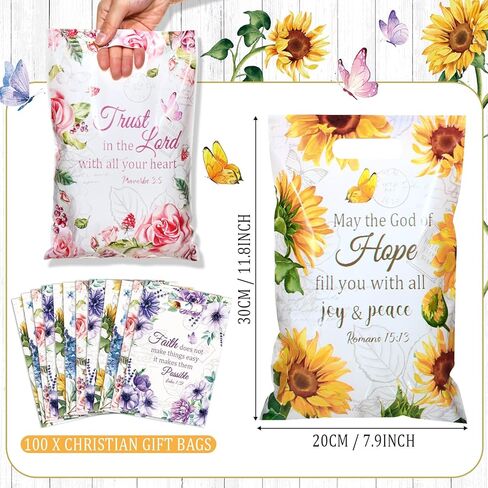 Pasimy 100 Pieces Christian Gift Bags Bulk 11.8 x 7.9 Inch Plastic Religious Flower Treat Bags with Handles for Bible Verse Scripture Floral Tea Party Favors Candy Goodie Packing Supplies, 4 Styles in Saudi Arabia