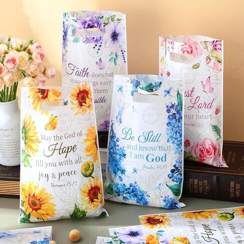 Pasimy 100 Pieces Christian Gift Bags Bulk 11.8 x 7.9 Inch Plastic Religious Flower Treat Bags with Handles for Bible Verse Scripture Floral Tea Party Favors Candy Goodie Packing Supplies, 4 Styles in Saudi Arabia