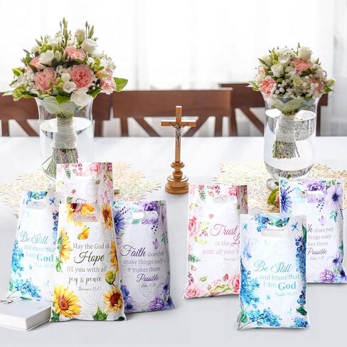 Pasimy 100 Pieces Christian Gift Bags Bulk 11.8 x 7.9 Inch Plastic Religious Flower Treat Bags with Handles for Bible Verse Scripture Floral Tea Party Favors Candy Goodie Packing Supplies, 4 Styles in Saudi Arabia