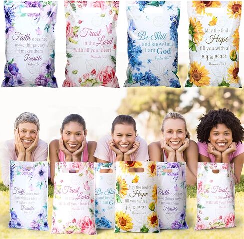 Pasimy 100 Pieces Christian Gift Bags Bulk 11.8 x 7.9 Inch Plastic Religious Flower Treat Bags with Handles for Bible Verse Scripture Floral Tea Party Favors Candy Goodie Packing Supplies, 4 Styles in Saudi Arabia