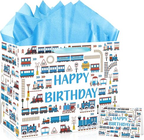 Yomaiha Train Birthday Gift Bag with Greeting Card and Tissue Papers, Train Birthday Gift Wrapping Paper Bag Party Favor Bags with Handles for Boys Girls Party Decorations Supplies 11.8'' in Saudi Arabia