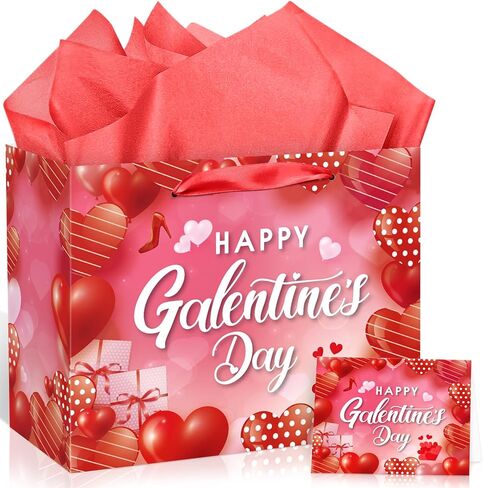 Galentines Day Party Favors Bag Happy Galentine’s Day Gift Bag with Greeting Card and Tissue Paper Large Galentine Day Candy Bags Wrapping Paper Bag for Women Lady Girl Valentine's Day Party Supplies in Saudi Arabia