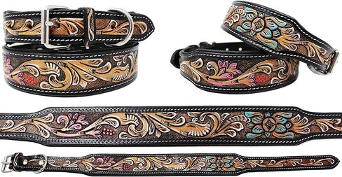 Medium 17''- 21'' Padded Leather Hand Crafted Tooled Dog Collar 60FK43 in Saudi Arabia