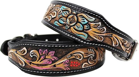Medium 17''- 21'' Padded Leather Hand Crafted Tooled Dog Collar 60FK43 in Saudi Arabia