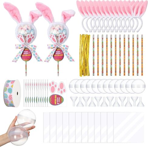 Tinlade 12 Sets Easter Giant Lollipop Party Favors Set Easter Bunny Return Gifts Include Transparent Balls Pencil Bunny Headband Footprints Cards for Birthday Exchange Party Supplies in Saudi Arabia