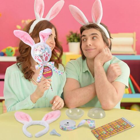 Tinlade 12 Sets Easter Giant Lollipop Party Favors Set Easter Bunny Return Gifts Include Transparent Balls Pencil Bunny Headband Footprints Cards for Birthday Exchange Party Supplies in Saudi Arabia