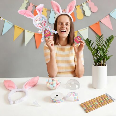 Tinlade 12 Sets Easter Giant Lollipop Party Favors Set Easter Bunny Return Gifts Include Transparent Balls Pencil Bunny Headband Footprints Cards for Birthday Exchange Party Supplies in Saudi Arabia