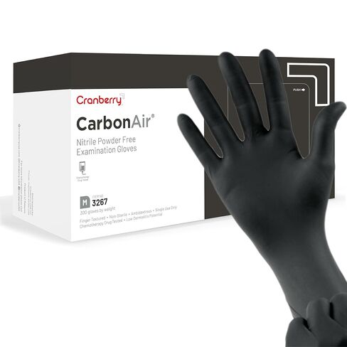 قفازات فحص خالية من مسحوق النتريل الكربوني CR3267 من Cranberry، للاستعمال مرة واحدة، 2.5 مل، أسود، متوسط ​​(عبوة من 300) مصنف كيميائيًا، مقاومة للفنتانيل، احتمالية منخفضة لالتهاب الجلد in Kuwait