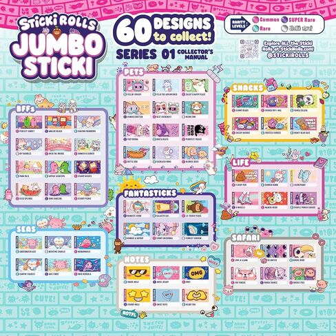 Sticki Rolls Jumbo Stickies، ملصقات رقائق معدنية عملاقة قابلة لإعادة اللصق، تصميمات Kawaii فريدة من نوعها، ديكور حائط قابل للتجميع للأطفال من سن 5 سنوات فما فوق in Kuwait