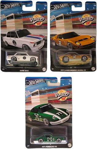Hot Wheels 2024 Vintage Racing Club - حزمة 3 سيارات (HRT81‑956A) | بي ام دبليو 2002، لامبورغيني ميورا SV، بورش 911 | سيارات تجميع مصبوبة بمقياس 1:64 - للأعمار من 3 سنوات فما فوق in Saudi Arabia