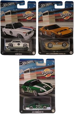 Hot Wheels 2024 Vintage Racing Club - حزمة 3 سيارات (HRT81‑956A) | بي ام دبليو 2002، لامبورغيني ميورا SV، بورش 911 | سيارات تجميع مصبوبة بمقياس 1:64 - للأعمار من 3 سنوات فما فوق in Saudi Arabia