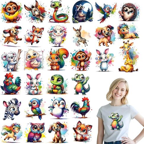 Dtf Transfers Ready to Press - 30 Pcs Cute Funny Animal Iron on Transfers for T-Shirts, Heat Transfer Vinyl Stickers, Cat Dog Cow Iron on Decals Patches for Clothes Bag Pillow DIY Decor in Saudi Arabia