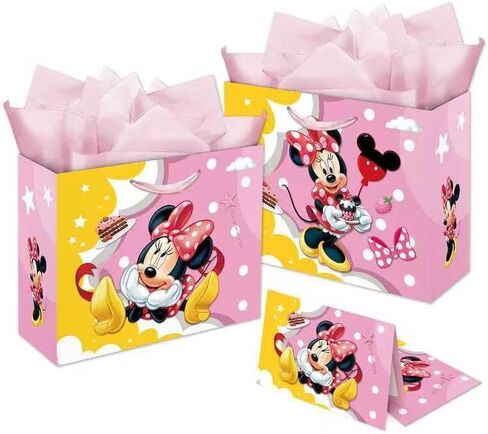 Zaprosze Minnie Birthday Gift Bag with Tissue Paper and Greeting Card Wrapping Paper Bags Large Themed Birthday Party Favor Bags for Girls Bday Baby Shower Minnie Party Supplies Decoration in Saudi Arabia