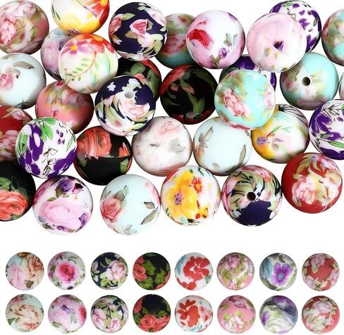 42PCS Floral Pattern Silicone Beads, Colorful Round Focal Bead, 0.59 Inch Loose Spacer Beads Bulk for Jewelry Making Bracelets Necklaces Earrings Keychains Pendant & DIY Crafts Supplies in Saudi Arabia