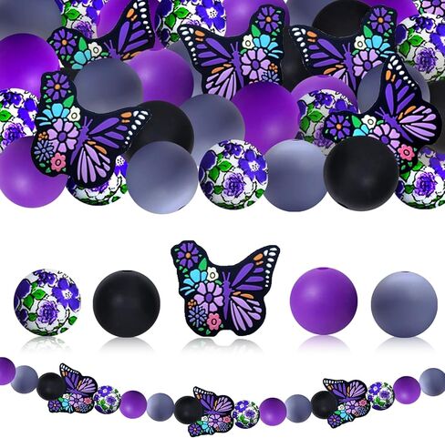 Purple Butterfly Decorative Focal Beads - Violet Floral Printed - 15mm Silicone Round Beads for DIY Jewelry, Beaded Pens, Keychains, Pendant Decorations, Crafts (60pcs) in Saudi Arabia