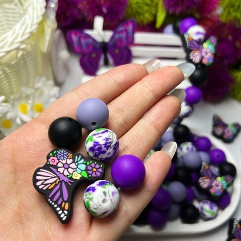Purple Butterfly Decorative Focal Beads - Violet Floral Printed - 15mm Silicone Round Beads for DIY Jewelry, Beaded Pens, Keychains, Pendant Decorations, Crafts (60pcs) in Saudi Arabia